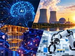 graphic collage showcasing typical imagery for artificial intelligence, nuclear power, quantum technology and robotics