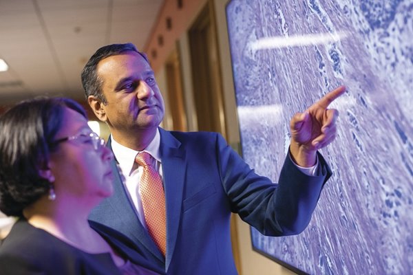 Rohit Bhargava points at a screen showing cancer cells while talking to Georgina Cheng.