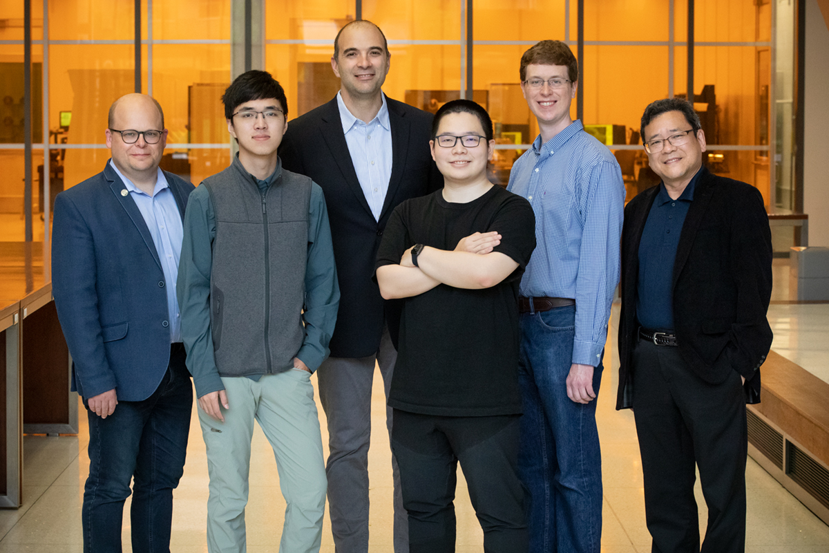 Wawrzyniec Dobrucki, left, Zhongmin Zhu, Viktor Gruev, Zuodong Liang, Steven Blair and Shuming Nie.